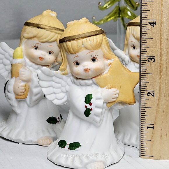Vtg Trio of 3 Praying Angels Wings Holly Porcelain Harp Candle Star Taiwan 4”H - Picture 4 of 9